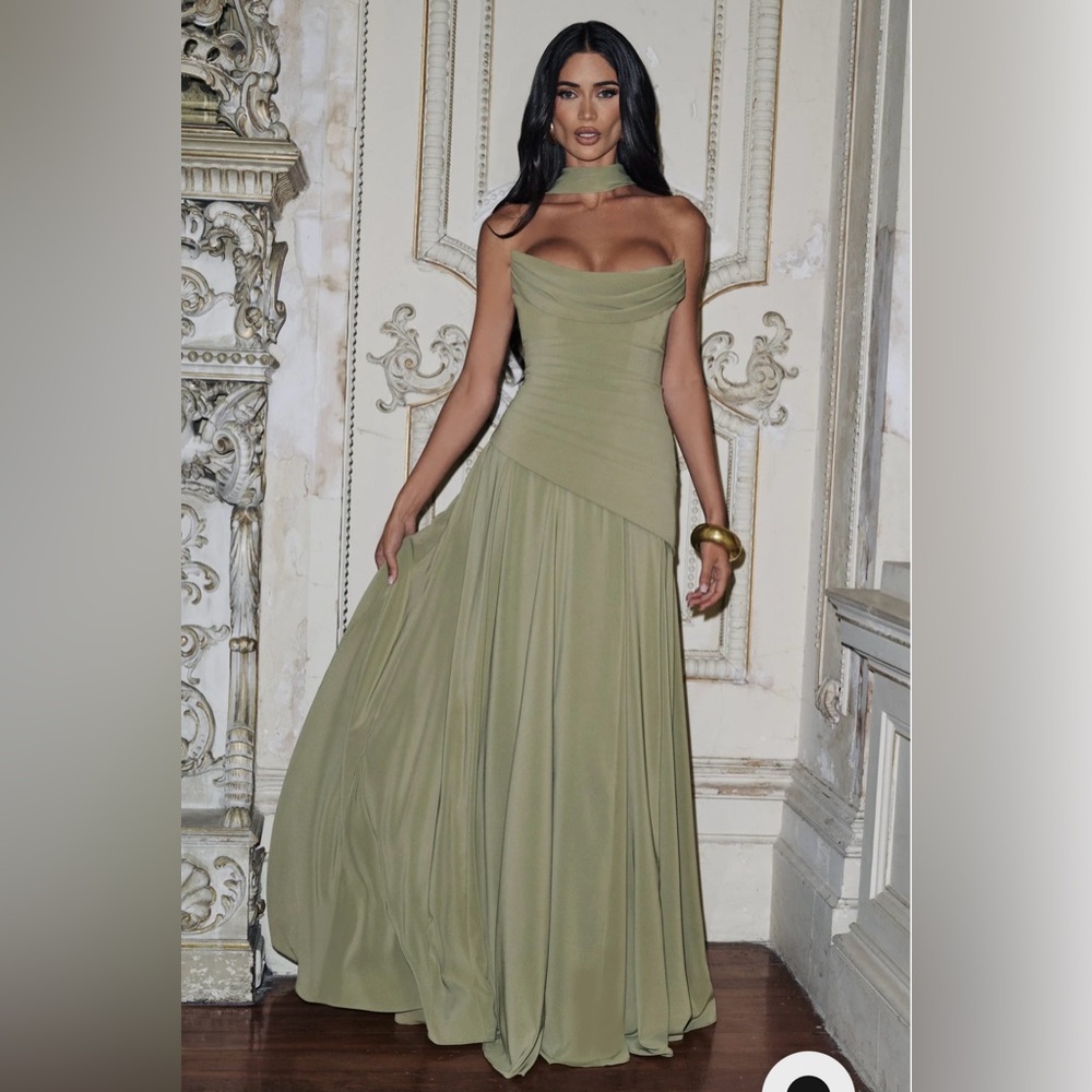 BABY BOO SAGE OLIVE GREEN CORSET STRAPLESS MAXI DRESS GOWN W/ MILA SCARF SIZE M